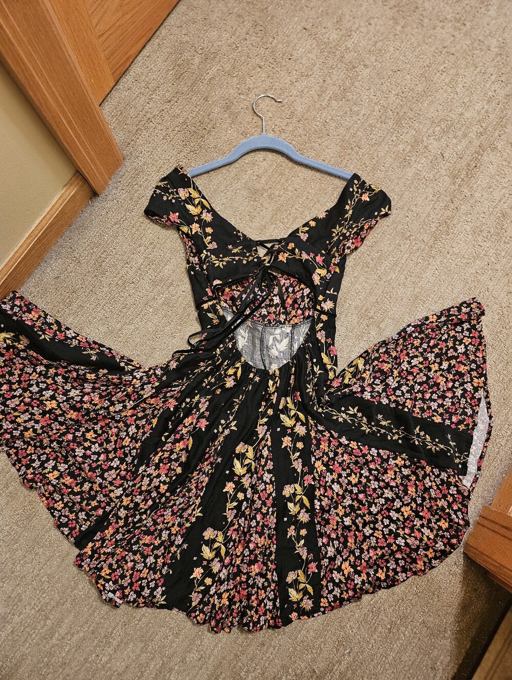 Free People Black Floral Fit & Flare Mini Dress | XS | Boho Cottagecore Fairycor - Picture 6 of 16
